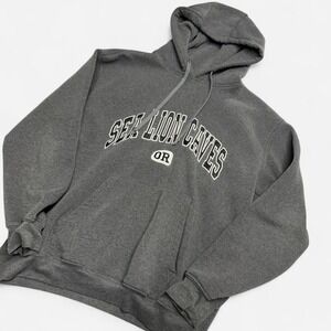 Cheneral Sea Lion Caves Oregon Hoodie Gray Applique‎ Pullover Sweatshirt L